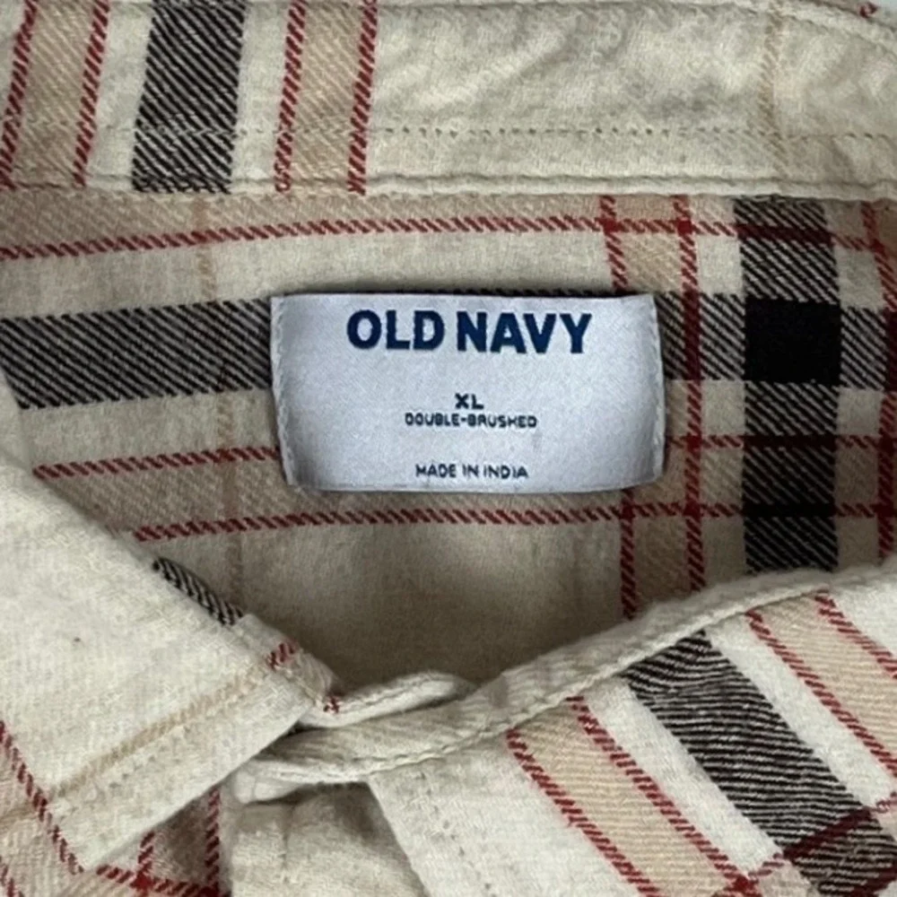 Old Navy Mens XL Double Brushed Flannel‎ Shirt Plaid Cream Brown Long Sleeve